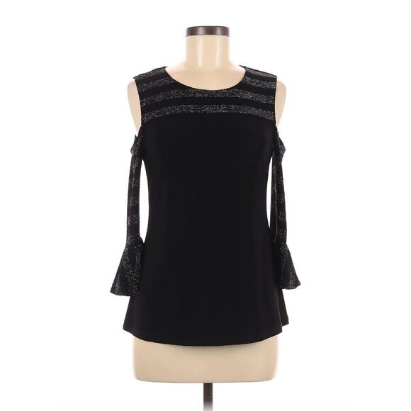 Joseph Ribkoff‎ Black Silver Cold Shoulder Bell Sleeve Knit Top Size 6 S M Shirt - Picture 2 of 6